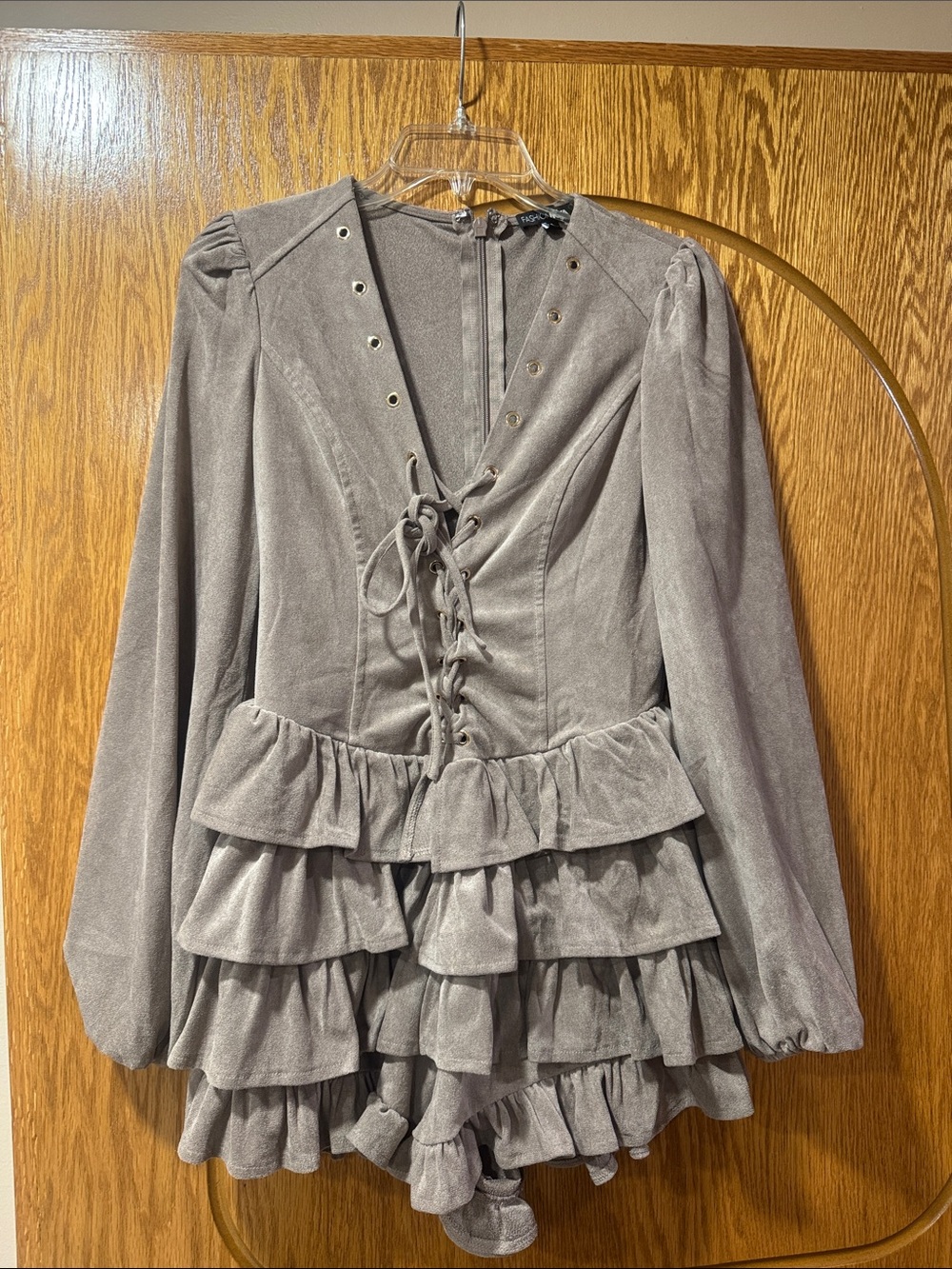 Women's Gray Tiered Ruffle Long Sleeve Romper with Lace-Up Front